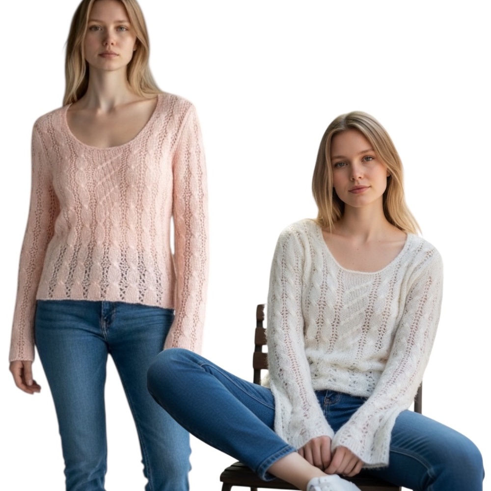 Express Sweaters Set Pink and Cream Size M Mohair angora Cable  Vintage EUC